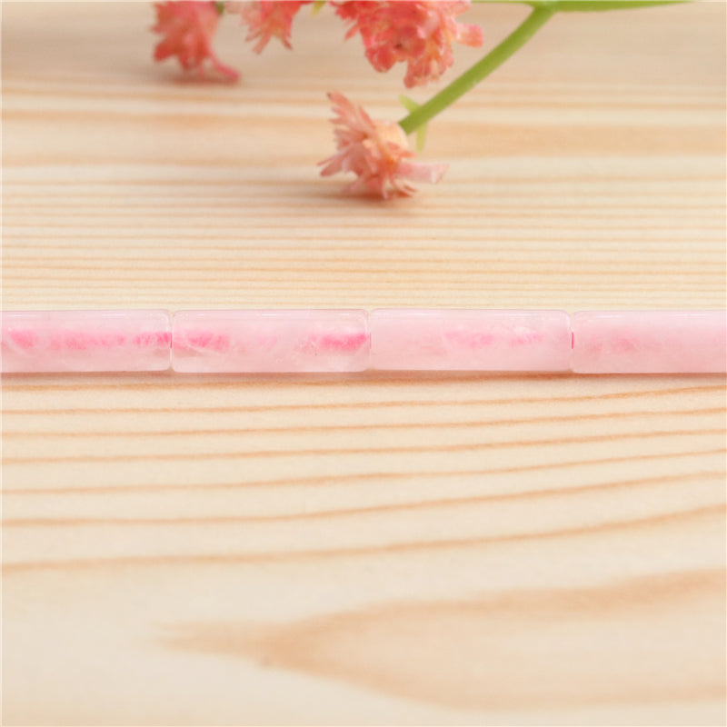 Tubo de contas de quartzo rosa natural 4x13mm furo 1mm cerca de 29pcs 39cm fio