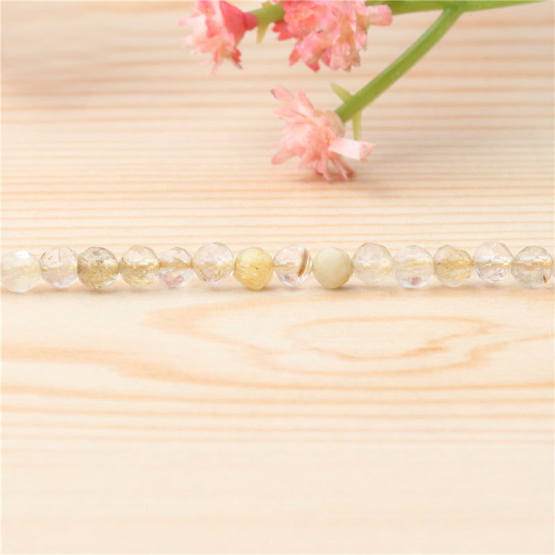 Natürliche goldene Rutilquarzperlen, rund, facettiert, 4 mm, Loch 0,6 mm, ca. 102 Stück, 39 cm Strang