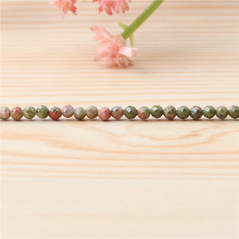 天然ユナカイトジャスパー ビーズ ラウンド ファセット 3mm 穴 0.5mm 約127個 39cm ストランド