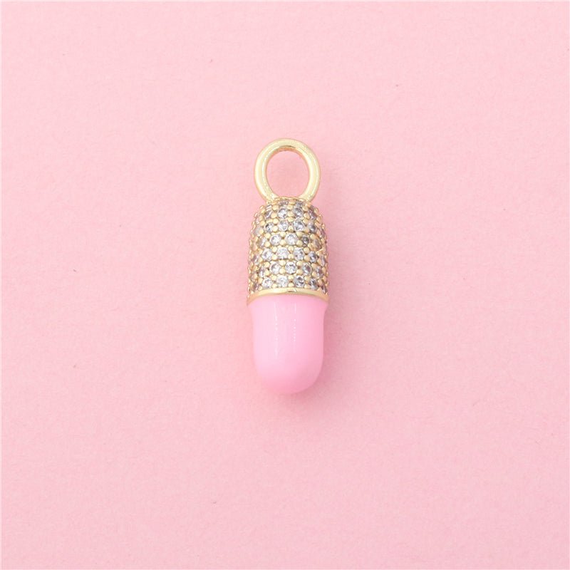 Brass Charms Pendants Accessories Pink Color Capsule Shape 7x22mm 10pcs