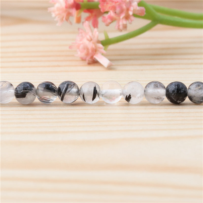 Perles de quartz rutilé noir naturel rondes trou 4mm trou 0.8mm environ 113pcs 39cm sur fil