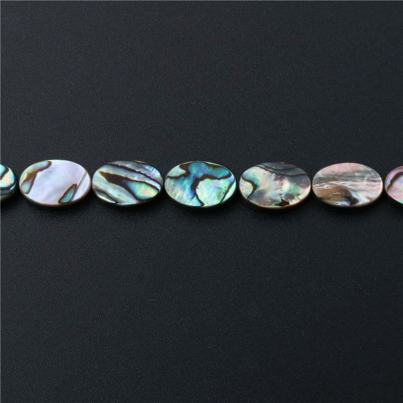 Perline di conchiglia di abalone naturale, piatte, ovali, 10x14 mm, foro da 1 mm, circa 28 pezzi, filo da 39 cm.