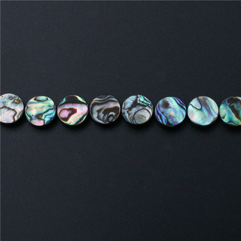 Contas de concha de abalone natural plana redonda 14mm furo 1mm cerca de 28pcs 39cm fio