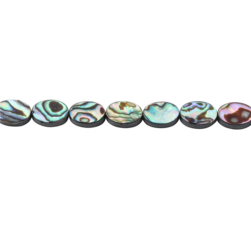 Perline di conchiglia di abalone naturale, piatte, ovali, 13x18 mm, foro da 1 mm, circa 22 pezzi, filo da 39 cm.