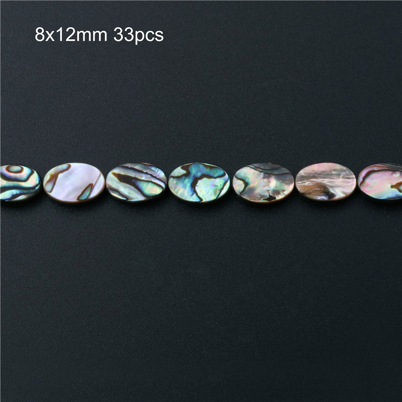 Contas de concha de abalone natural plana oval 8x12mm furo 0,8mm cerca de 33pcs 39cm fio