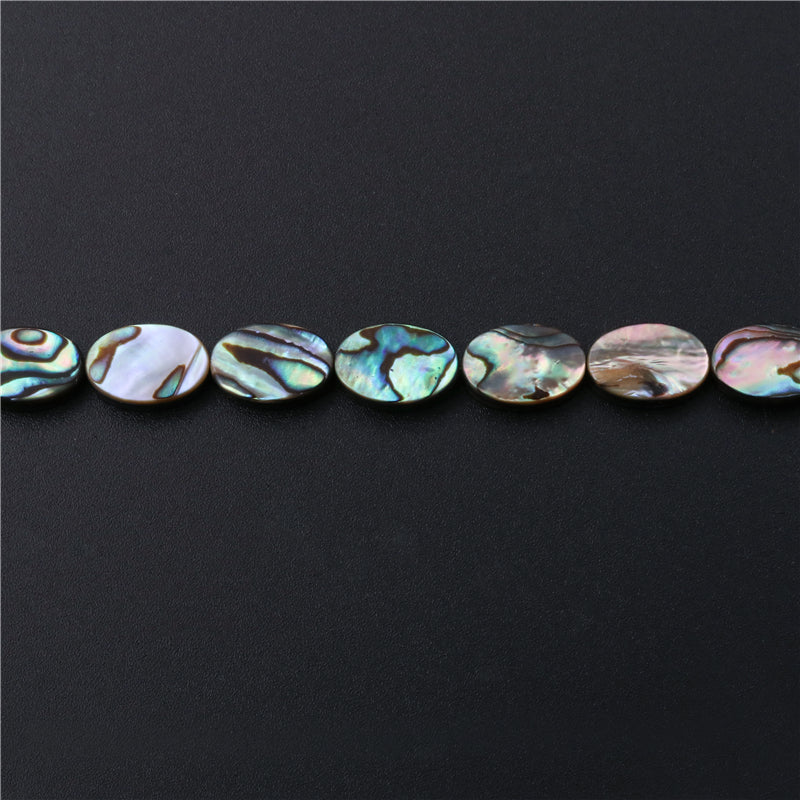 Perline di conchiglia di abalone naturale, piatte, ovali, 8x12 mm, foro 0,8 mm, circa 33 pezzi, filo da 39 cm.