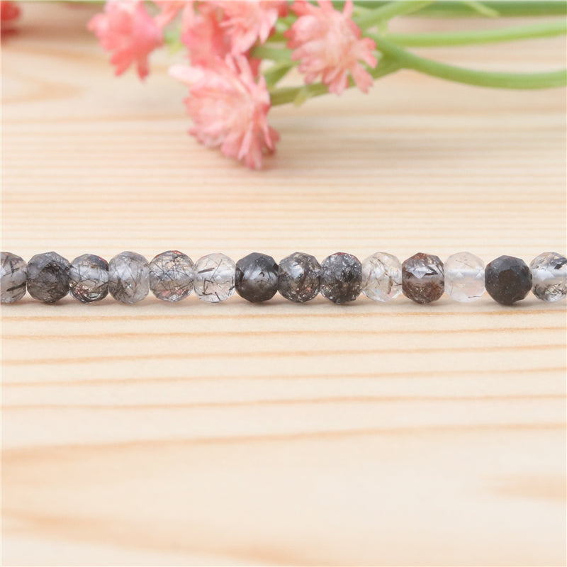 Perles rutilées quartz noir naturel boulier facette 2x3mm trou 0.6mm environ 179pcs 39cm sur fil