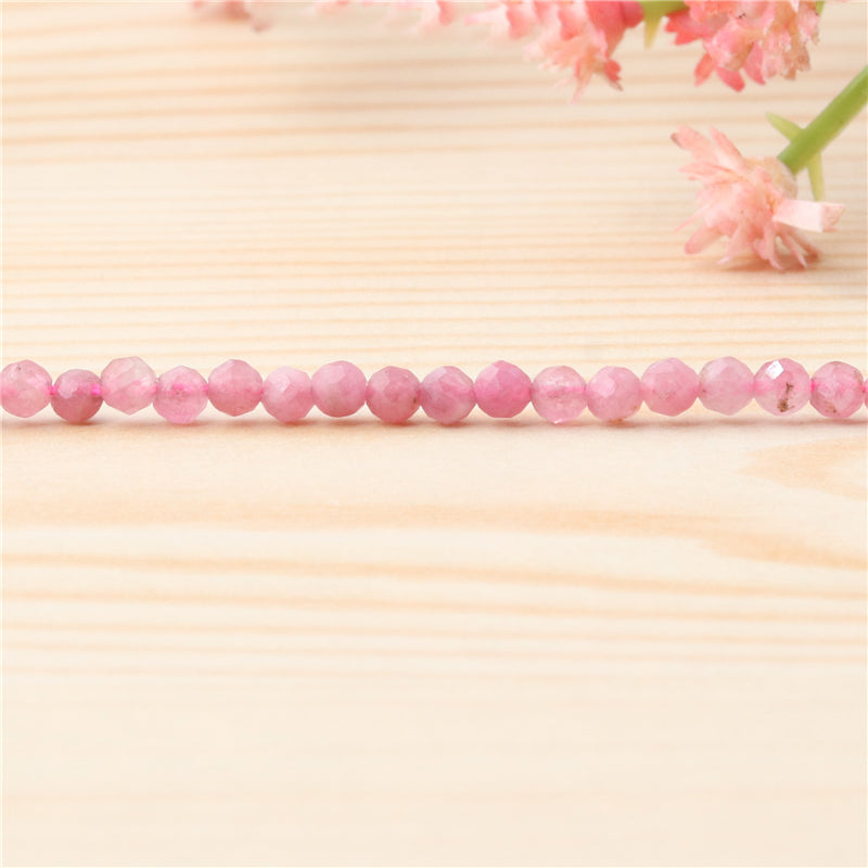 Perline di tormalina rosa naturale rotonde sfaccettate da 3 mm, foro da 0,5 mm, circa 127 pezzi, filo da 39 cm