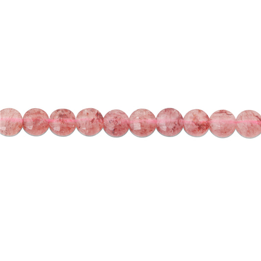 Perles Quartz Fraise Naturelles Rondes Plates Facettes Trou 6mm 0.8mm Environ 68pcs Fil de 39cm