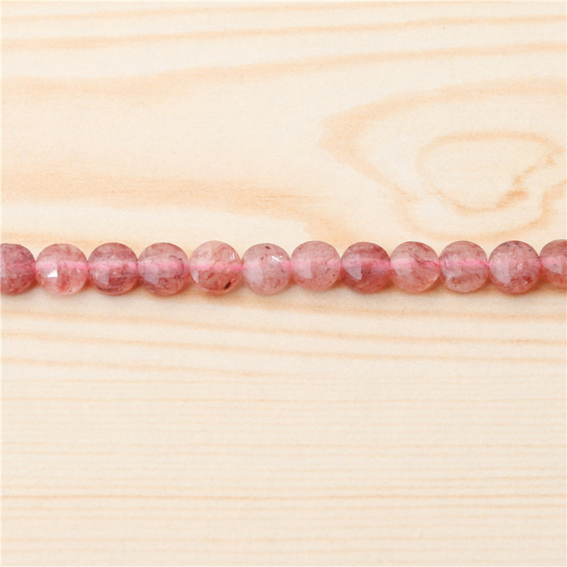 Perles Quartz Fraise Naturelles Rondes Plates Facettes Trou 6mm 0.8mm Environ 68pcs Fil de 39cm