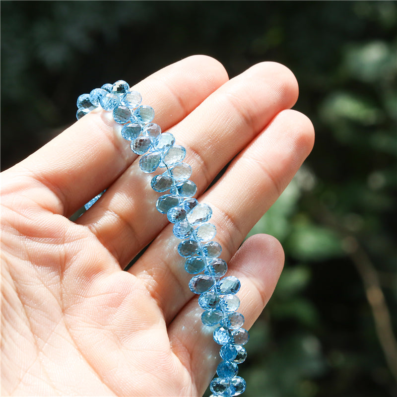 Natural 7A Blue Topaz Beads Briolette Faceted 5x6-7mm Hole 0.6mm about 84pcs 20cm strand