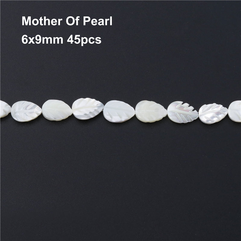 Perles de nacre naturelle en forme de feuille, en forme de feuille, trou de 6x9mm, 0.8mm, environ 45 pièces, sur fil de 39cm