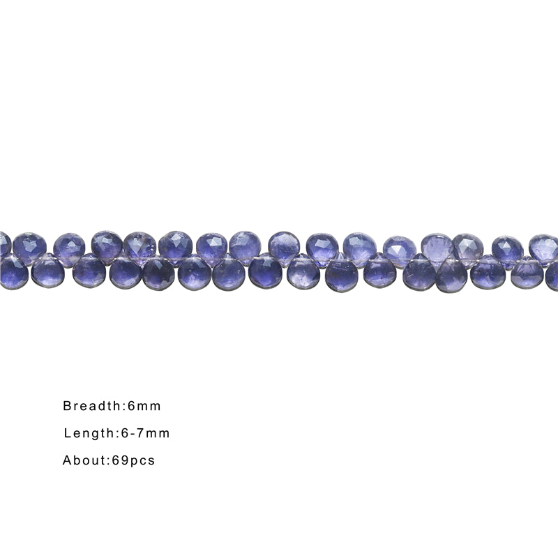 Natürliche 7A Cordierit-Perlen, flacher Tropfen, facettiert, 6 x 6–7 mm, Loch 0,4 mm, ca. 69 Stück, 20 cm Strang