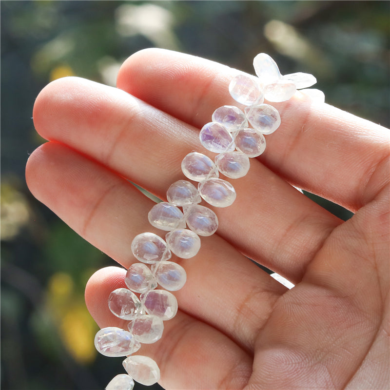 Natural 7A White Moonstone Beads Flat Drop Faceted 6x8-10mm Hole 0.4mm about 77pcs 20cm strand